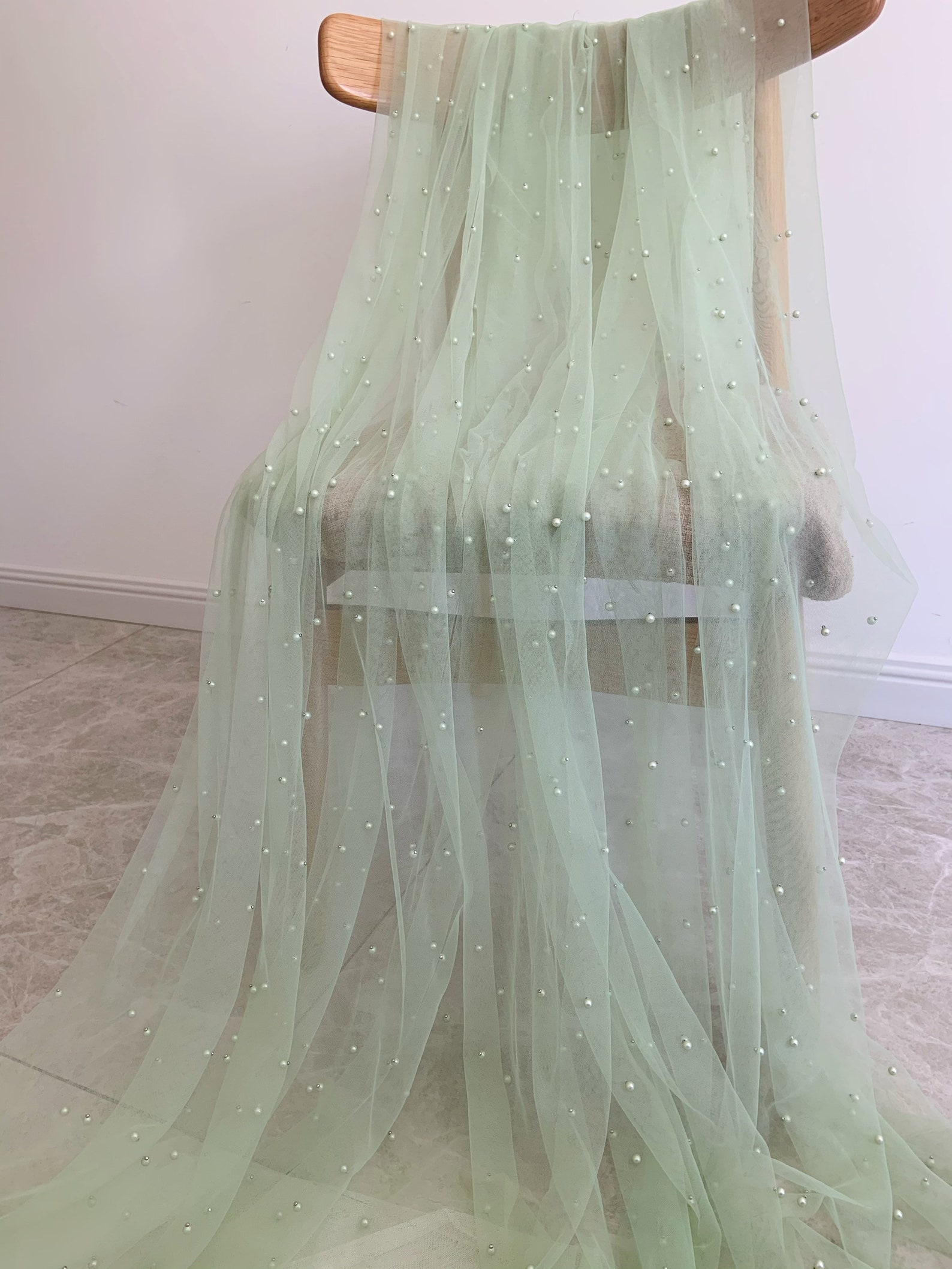 1 yard Light Sage Green Pearl Bead Tulle Fabric Pale Blue Tulle Lace Fabric with Pearls For Prop Dress Costume