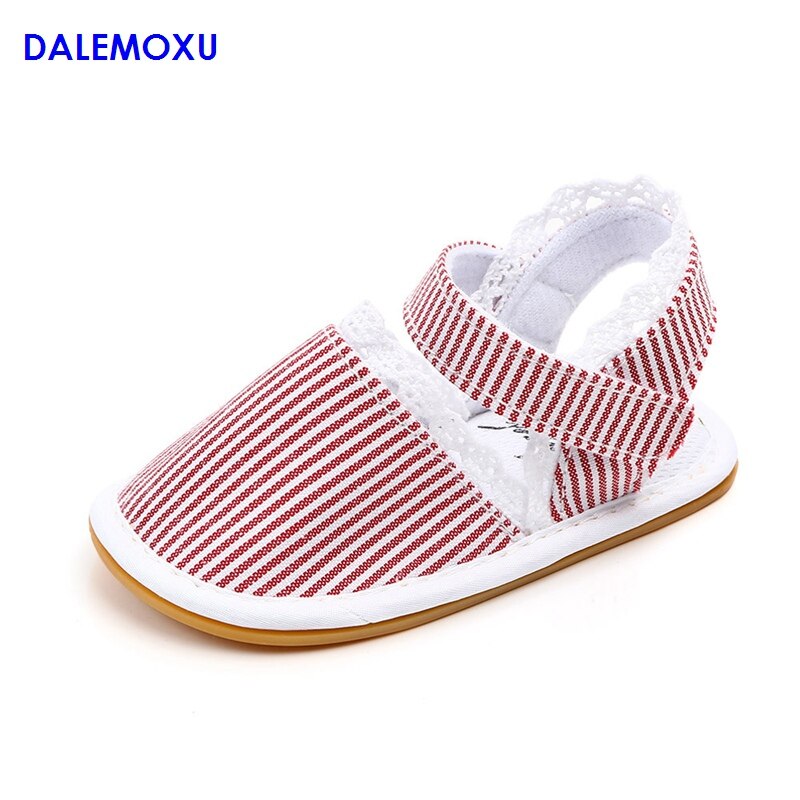 Babysko rød stribet bomuldssandal slip-on sko piger blonder afslappet sport baby sneakers skridsikre sommer vandresko til spædbørn: Rød stribe / 13-18 måneder