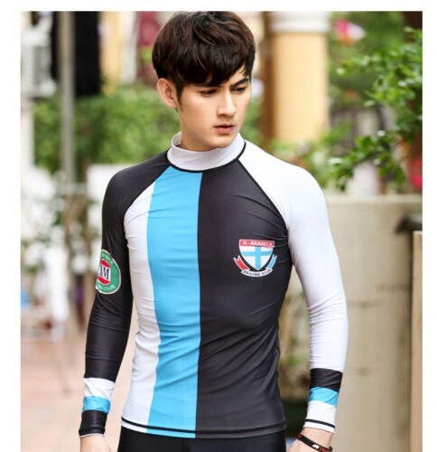 LS-647 Men Surf Diving Beach Suit Snorkeling Long Sleeve Shirt Swimwear Rash Guard Tops: Blue / L