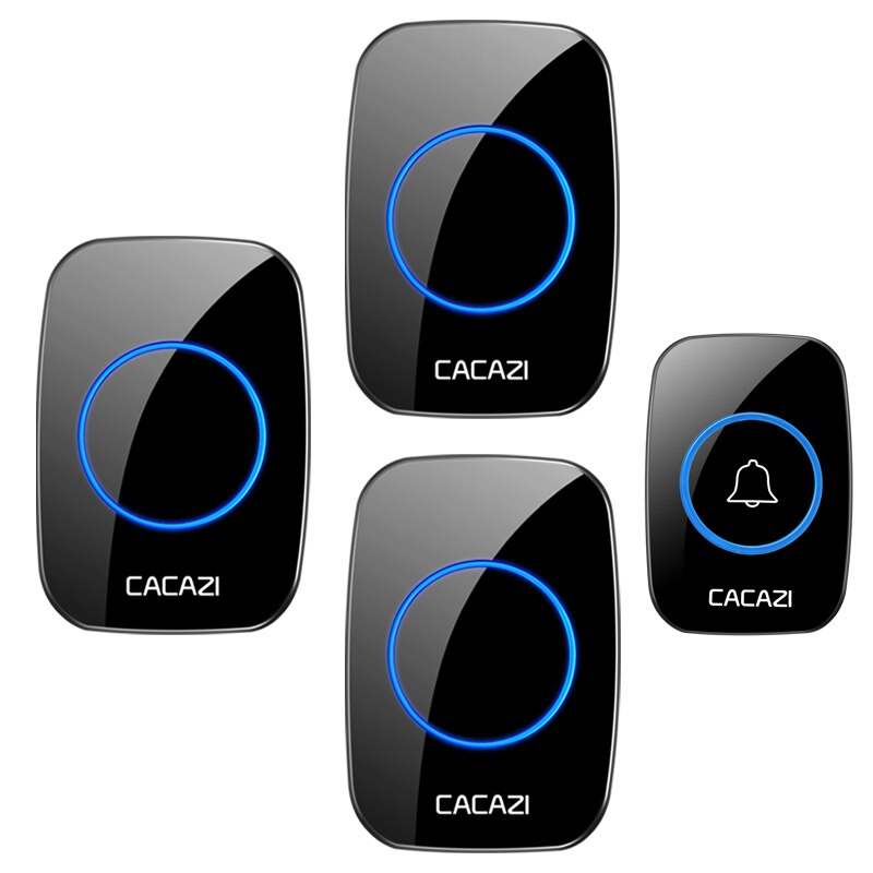 CACAZI 5 levels 36 Chimes 110DB 300M Remote Wireless Doorbell Waterproof LED Light Door Bell Battery powered Smart Door Bell: black 1TR x 3RE