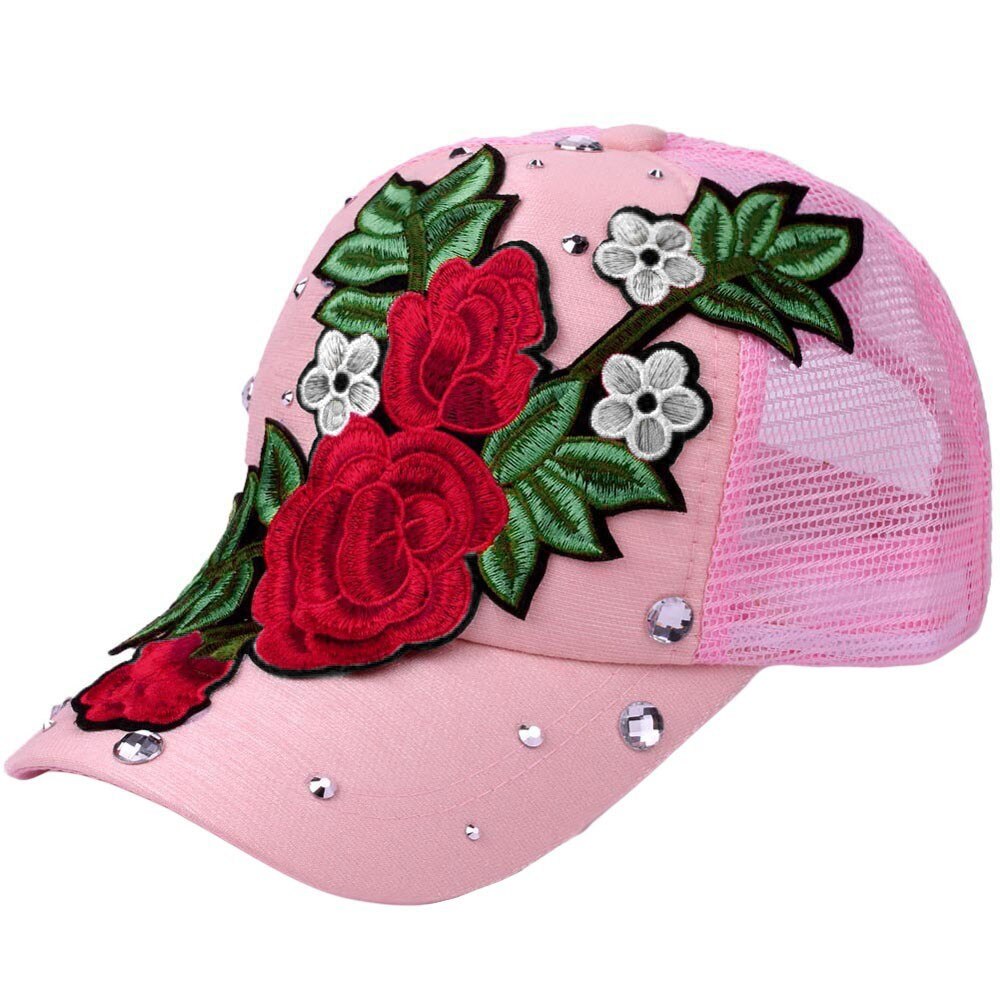 Gorras de béisbol vaqueras con diamantes de imitación y flor rosa para hombre y mujer, gorras para el sol para primavera y verano, gorras sólidas, gorro para papá sombrero, casquete # T1P