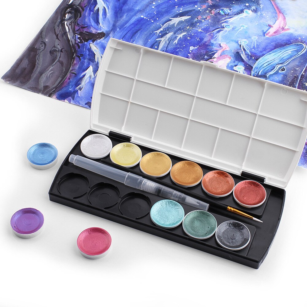 Juego de acuarelas metálicas, 12 colores, pintura dorada, acuarela con pincel de agua para pintar, suministros de arte del pigmento