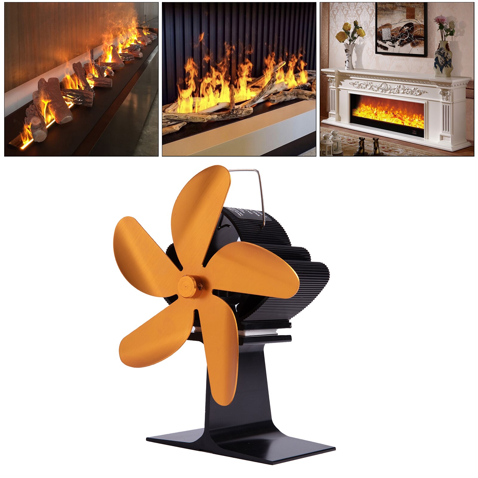 Black Fireplace Fan 4 Blade Heat Powered Stove Fan Log Wood Burner Eco Friendly Quiet Fan Home Efficient Heat Distribution: Golden