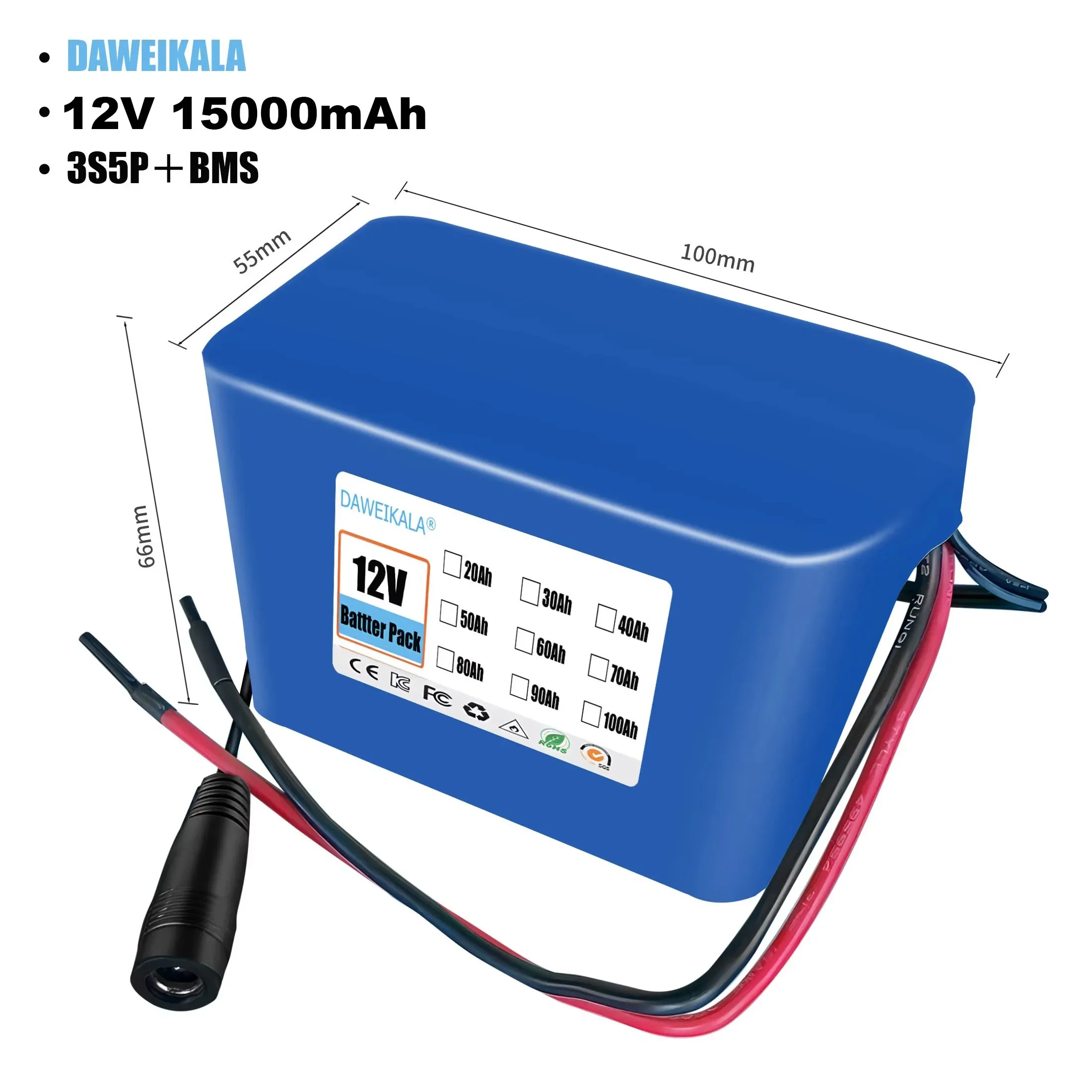12V 3S1P 3S3P 3S8P 3S12P 30000mAh Battery Pack 18650 Lithium-ion Rechargeable Battery DC for 12V Tools Camping Equipment+BMS: Orange