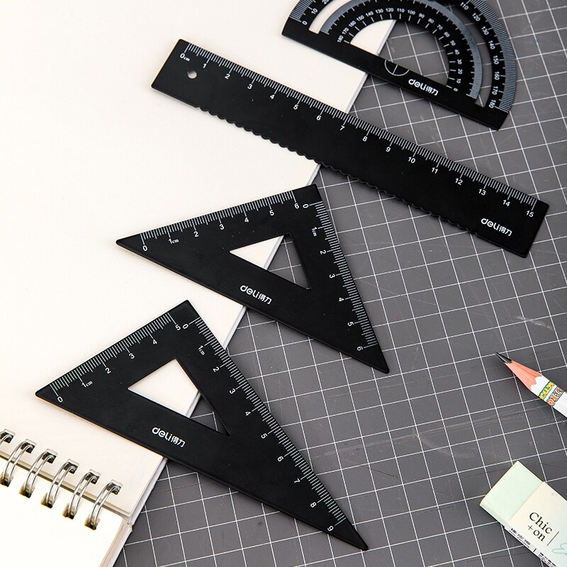 Deli 4Pc/Set Metal Ruler Set Aluminum Alloy Student School Stationery Supplies Straightedge Triangle Ruler Protractor Drawing: Black