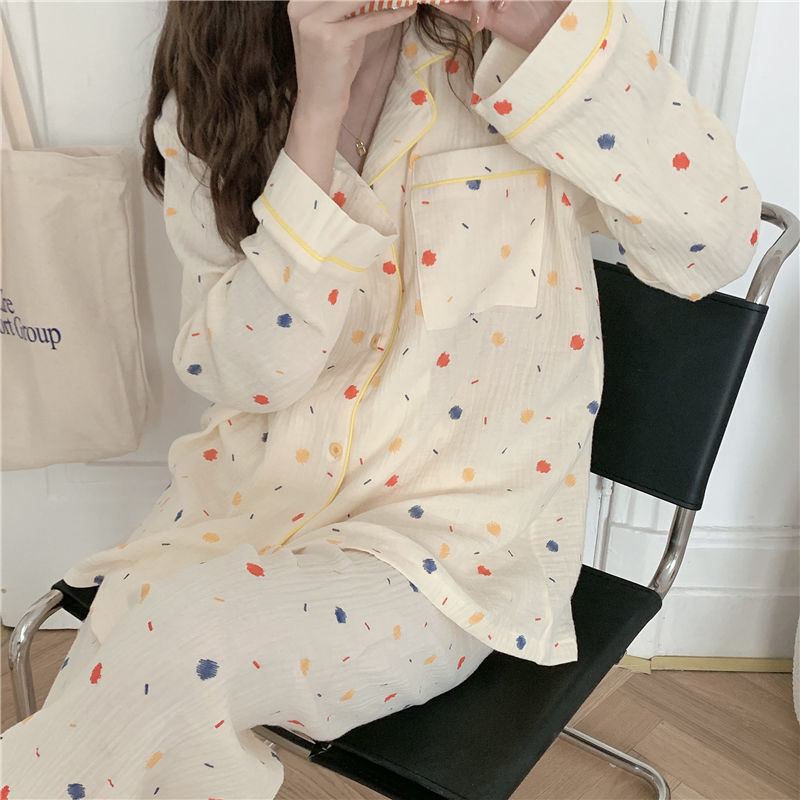 Pijama de algodón de lunares para mujer, ropa de dormir Coreana de manga larga, conjuntos de pijamas para mujer, traje de Rebeca: M
