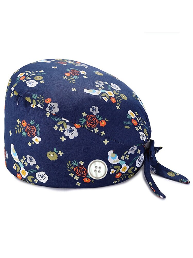 Flower Scrub Cap Pattern Nursing Work Hat Veterinarian Women Men Cotton Tie Back Washable SPA Beautician Chef Skull Cap
