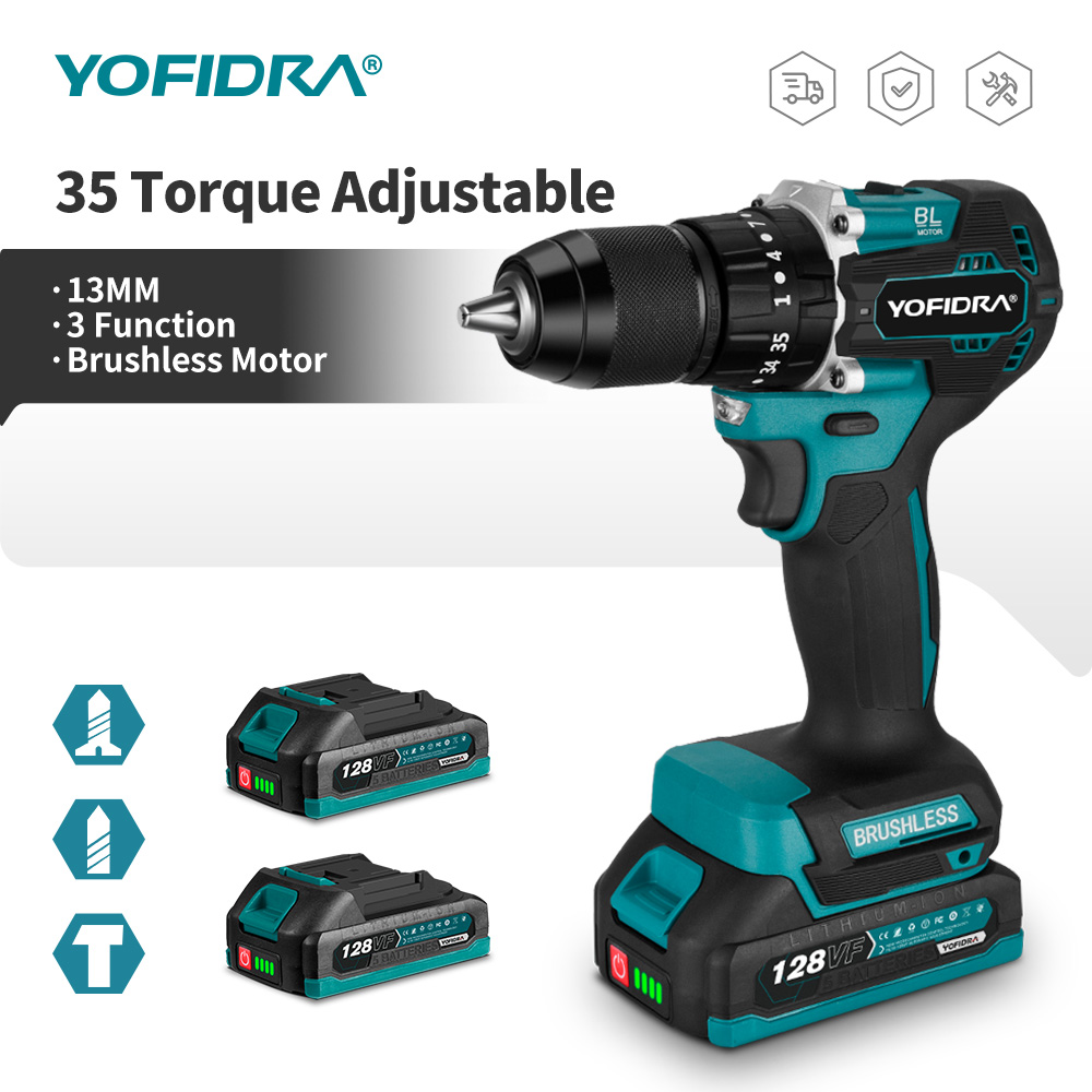 YOFIDRA 13mm 35 + 3 Drehmoment Bürstenlosen Elektrischen Schlagbohrmaschine Akku-Effiziente Elektrische Schraubendreher Werkzeug Für Makita 18V-21V Batterie