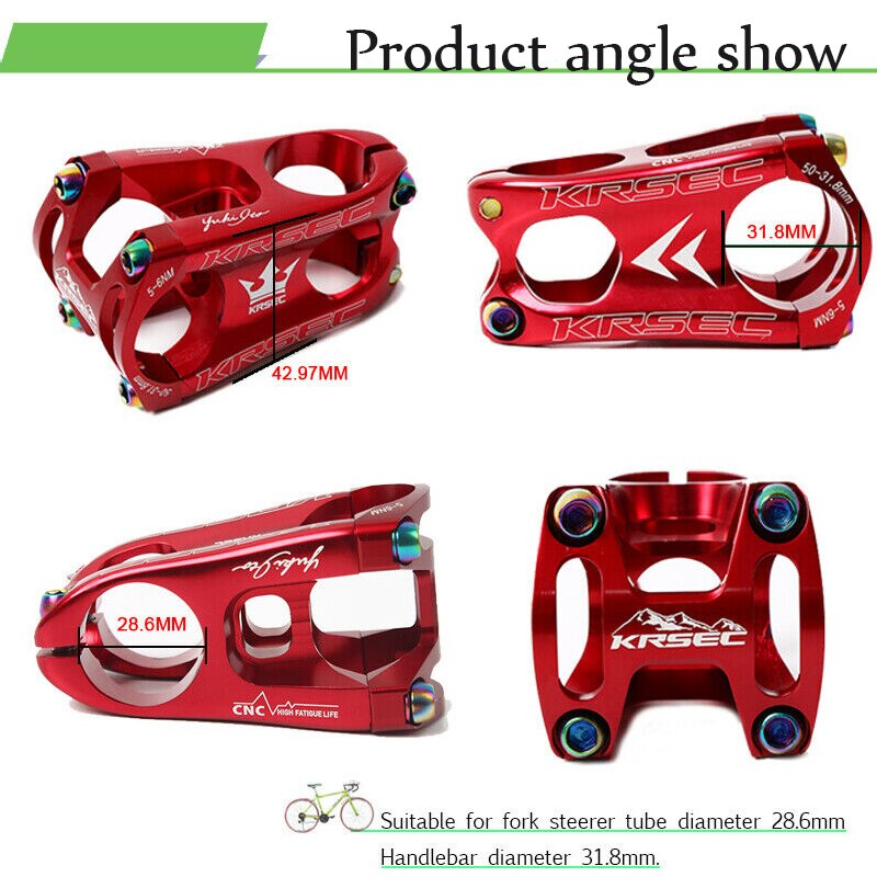 KRSEC MTB Stem Aluminium Alloy Mountain Bike Stem Potence Velo Titanium Bolts Short HandleBar Stem for 28.6mm Bicycle Fork Parts