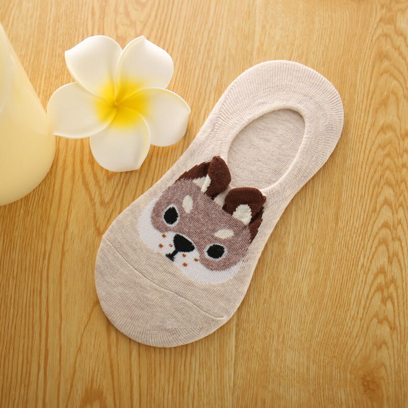 Urgot 5 Pairs Womens Socks Invisible Cute Three-dimensional Cartoon Dog Short Socks Silicone Anti-skid Female Cotton Socks Meias: D