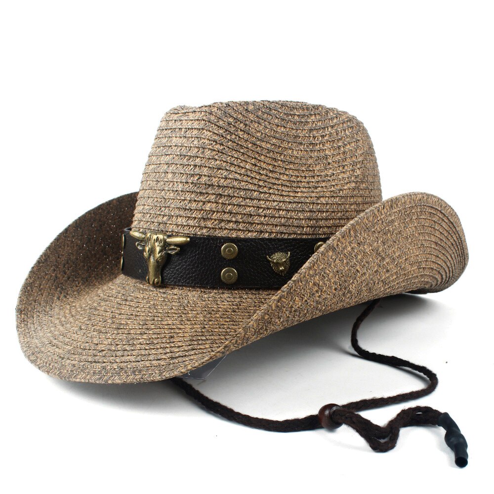 Dames heren holle strand sombrero man western cowboyhoed dame vader stro panama cowgirl jazz zonnepet maat 56-58cm: Koffie 11