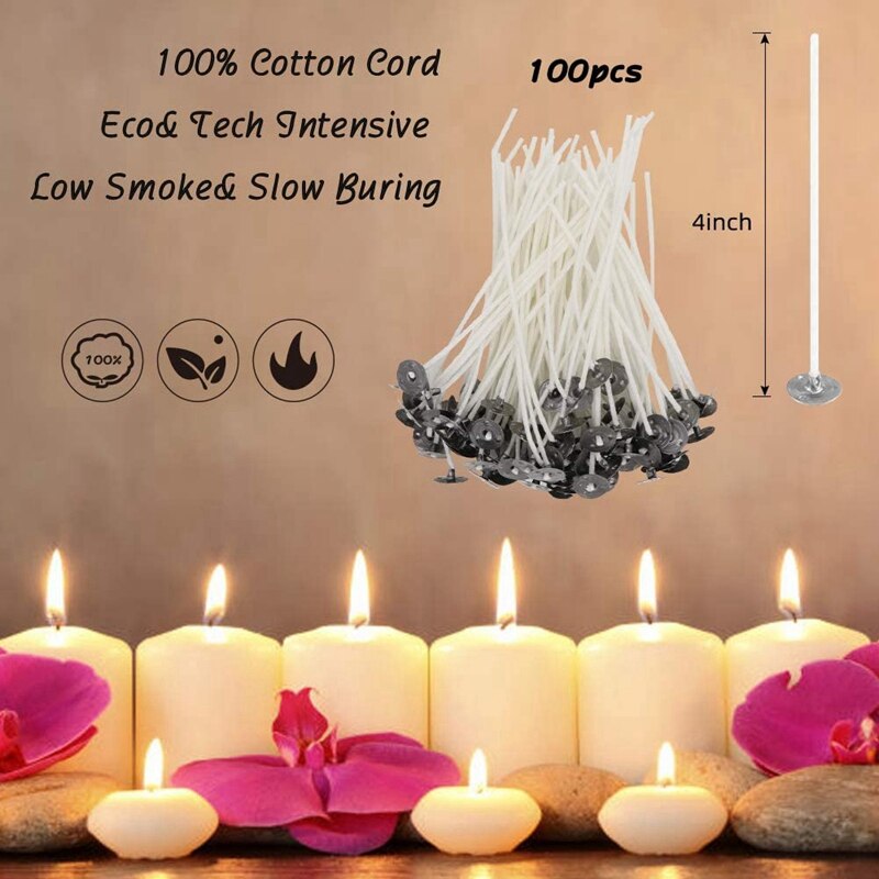 DIY Candle Making Set, 550Ml Pouring Pot with Scale+100Pcs Candle Wicks+20Pcs Wood Natural Candle Wicks with Metal Stands+100Pcs