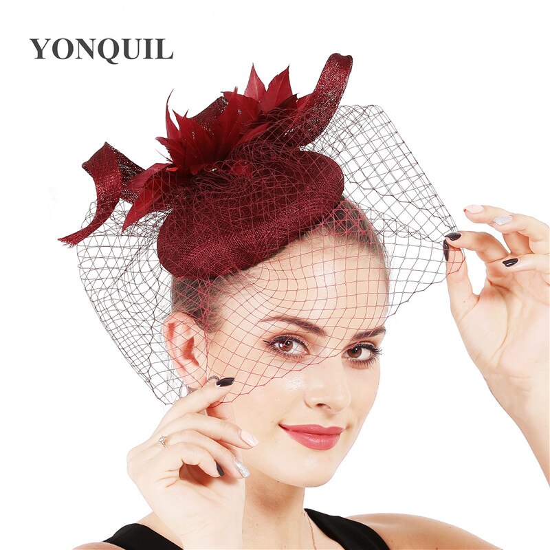 4- lags sinamay bruden bryllup fascinator lue mesh hodeplagg lin ekteskap lue kvinner garn hår tilbehør
