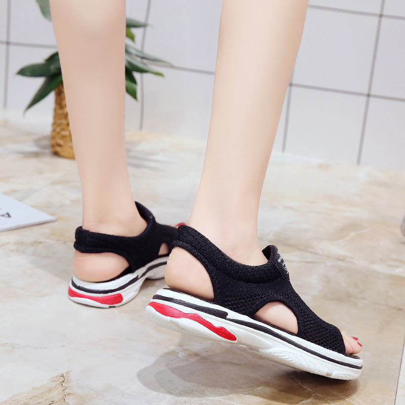 Sandales de sport pour femmes 35 à 40, nouvelles chaussures d&#39;été tissées en maille décontractées pour femmes, sandales plates creuses pour étudiantes à fond souple