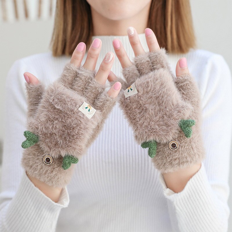 Winter Warme Zachte Konijnenbont Knit Mittens Vrouwen Flip Half Vinger Pluche Dikke Leuke Cartoon Kat Klauw Touchscreen Rijden handschoenen I1: B Brown