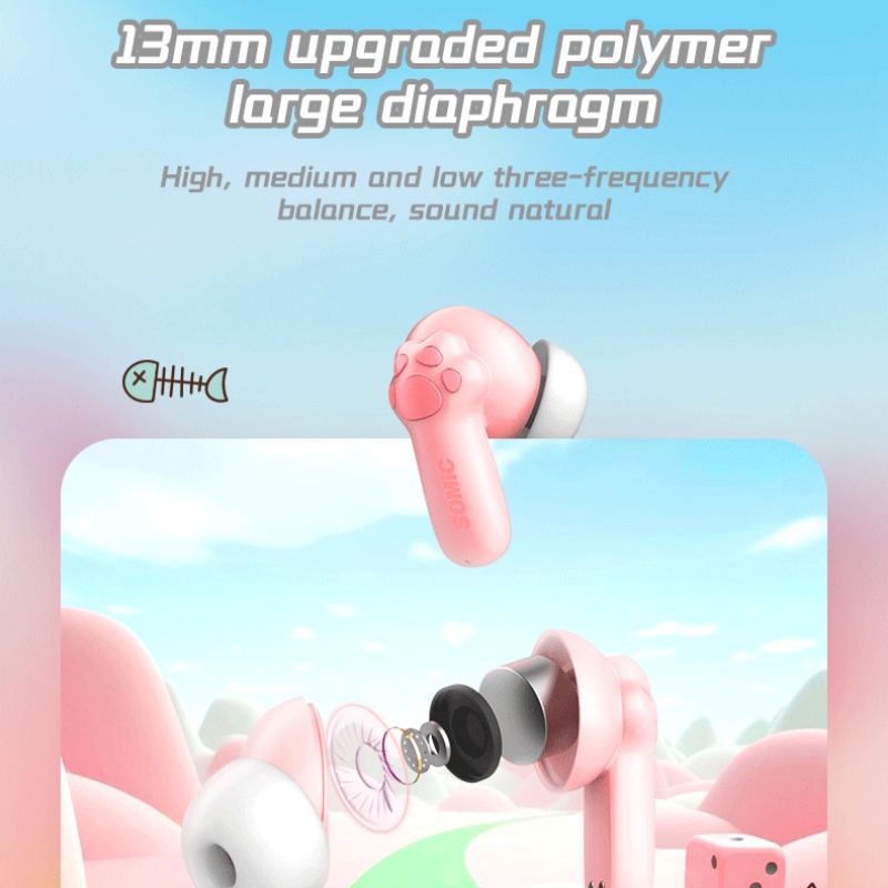 C10 In Ear Bluetooth Earphones Pink Cute Cat Claw Noise Reduction Super Good Sound Stereo Sound Effect For Girl
