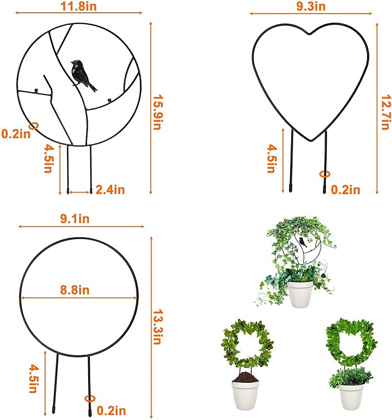 Stativ til 1pc haveplanter, rundt klatrestativ til vinranker, hjerteformet espalier til blomsterplanter, haveindretning