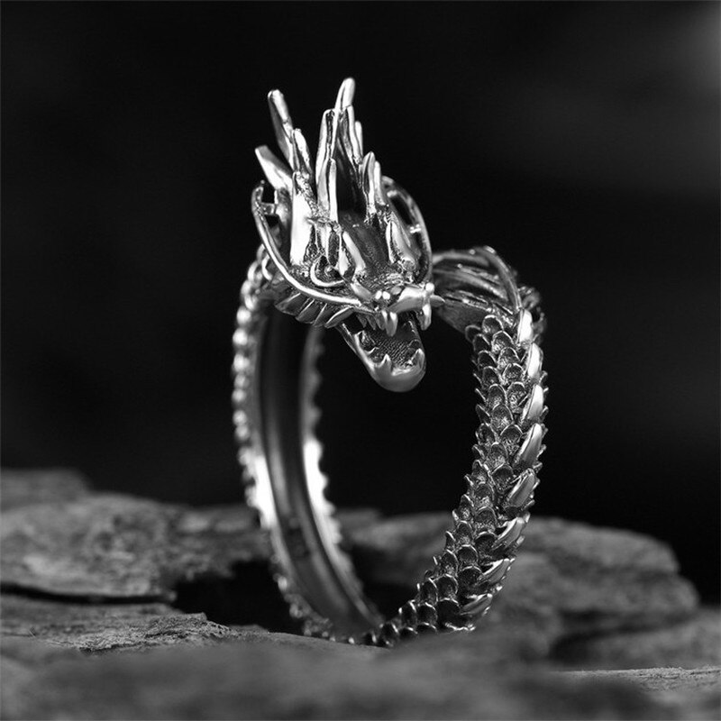 Titanium Stainless Steel Dragon Ring Mens Jewelry Retro Exaggerated Animal Adjustable Ring Gothic Punk Jewelry Open Ring