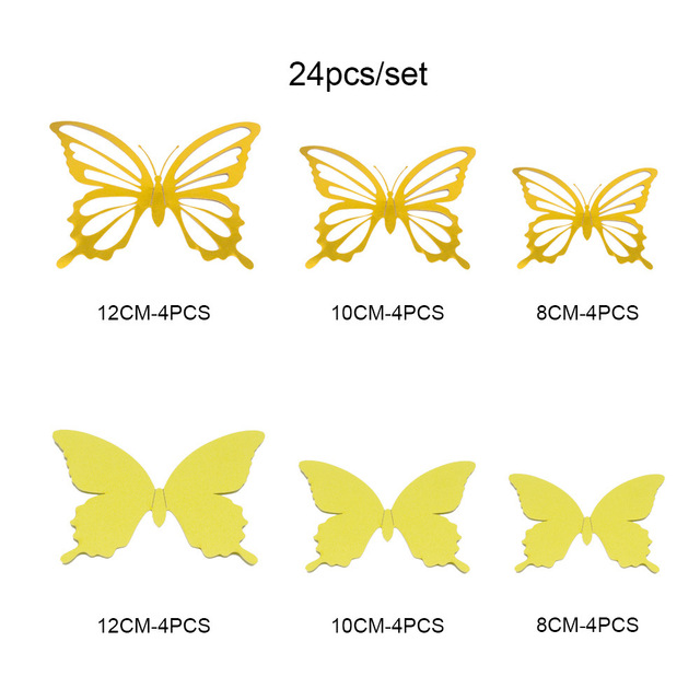 12Pcs Double-layer Paper 3D Butterfly Wall Sticker for Wedding Decoration Room Butterflies Fridge Art Wall Removable Wall Decor: Yellow Gold
