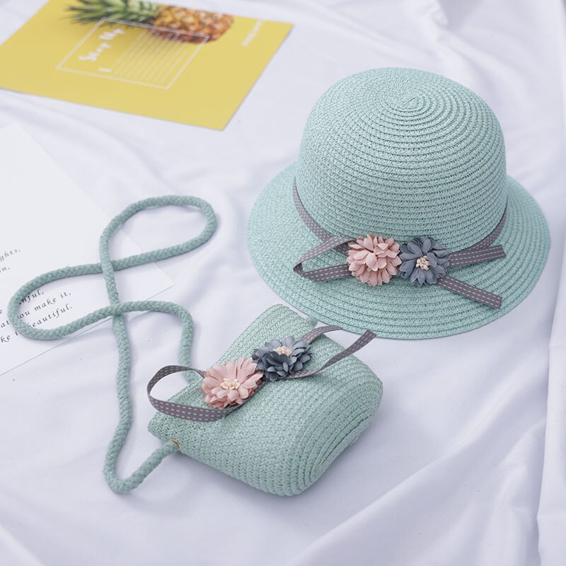 2 pçs meninas flor chapéu de palha com bolsa crianças verão chapéu de sol meninos meninas panamá praia chapéus
