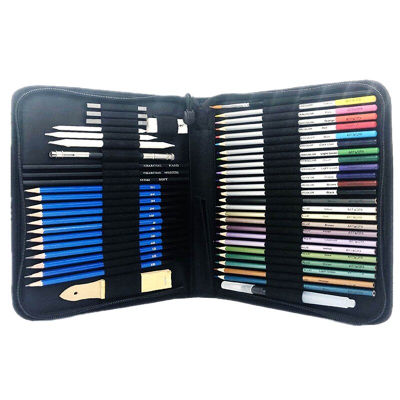 -51Pcs/Set Drawing Kit Wood Pencil Sketching Pencils Art Sketch Painting Supplies with Carrying Bag
