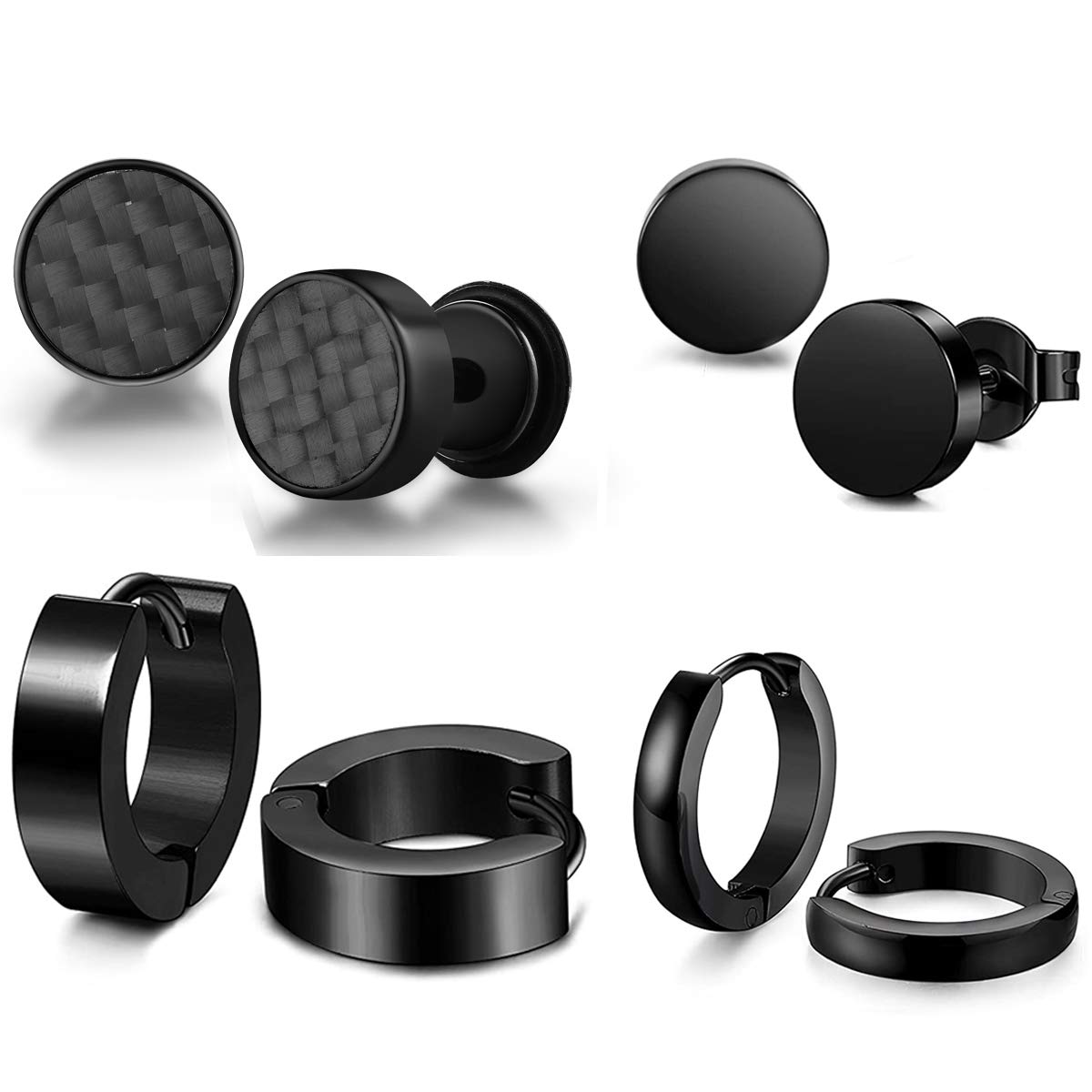 4 Pairs Mens Earrings Black Huggie Hoop- Stainless Steel Circle Piercing Earrings for Mens Women