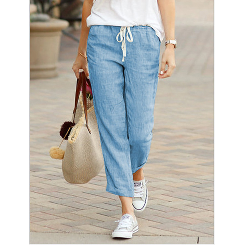 Casual Cotton Linen Pants Women Spring Summer Solid Color High Waist Elastic Ankle-Length Pants Female Pockets Harem Trousers: S / Blue
