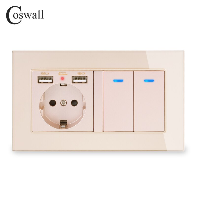 COSWALL Russia Spain EU Standard Wall Socket 2 USB Charge Port + 2 Gang 1 Way On / Off Light Switch LED Indicator Glass Panel