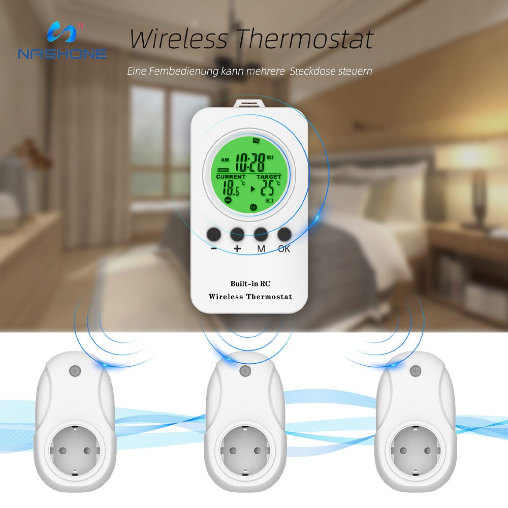 Nashone – Thermostat 220v, minuterie de prise de chauffage, télécommande sans fil LCD, refroidissement de chauffage réglable