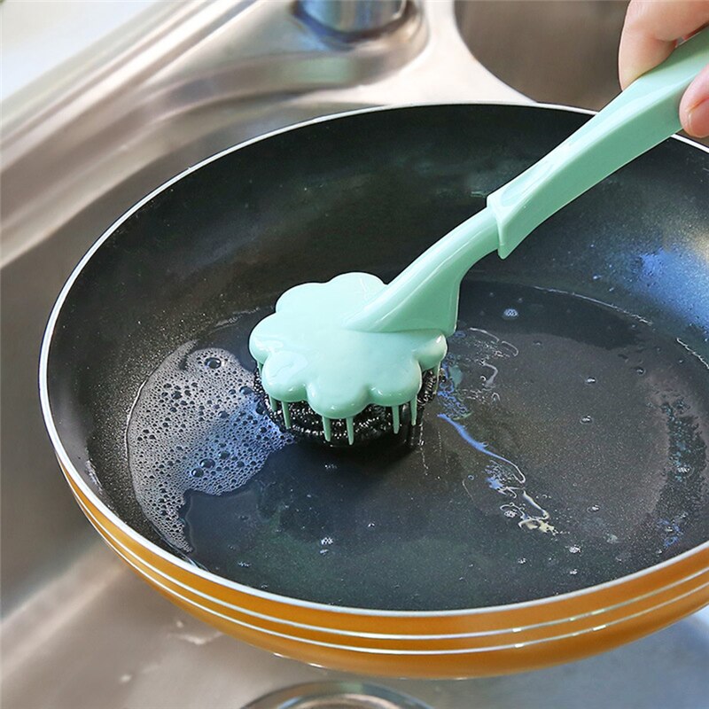 Long Handle Kitchen cleaning and lengthening handle brush pan handle stainless steel wire ball Kitchen cleaning utensils