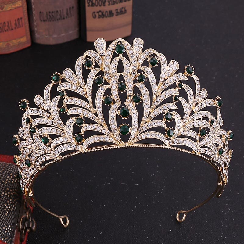 Tiaras barrocas de lujo para novia, cristal, Reina, Princesa, coronas grandes, diamantes de imitación, hojas, diadema nupcial, accesorios para el cabello de boda, Tiaras: Green