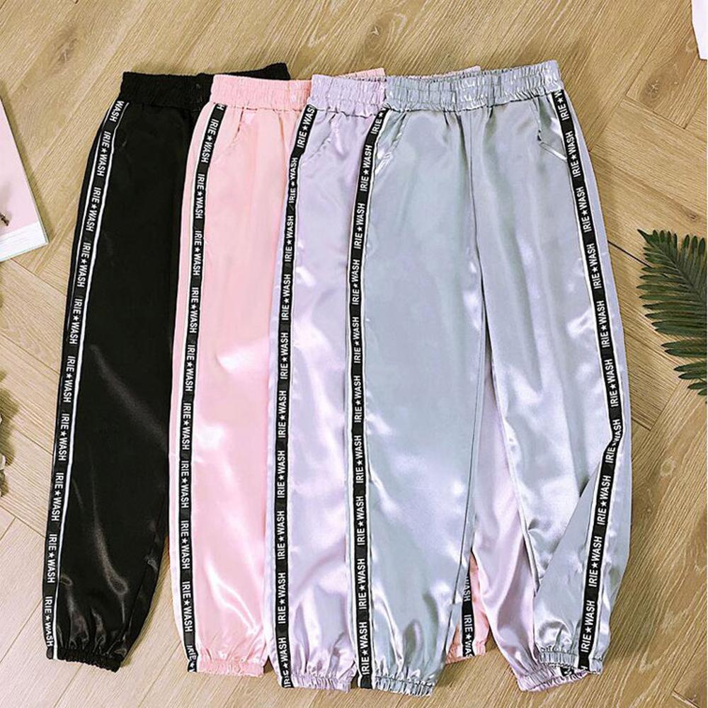 Women Baseball Pants Letter Pocket Elastic Waist Reflective Sport Ribbon Trousers Pants Sweatpants Streetwear