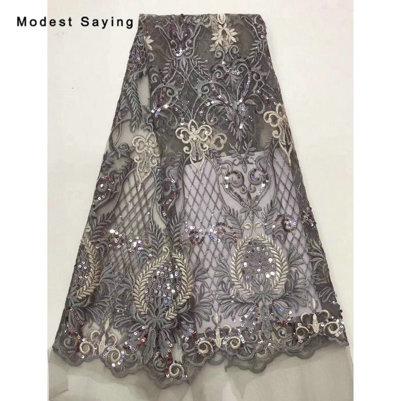 2 yards sort afrikansk sequined blonder stof til aften kjole broderet mesh nigeriansk fest prom tyl blonder materiale: Grå