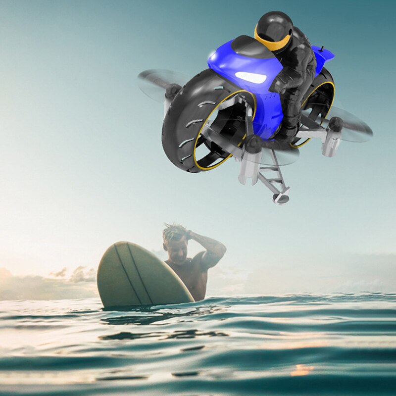 Rc motorcykel amfibie 2 in 1 mini drone flyvende motorcykel legetøj quadcopter til børn (blå)
