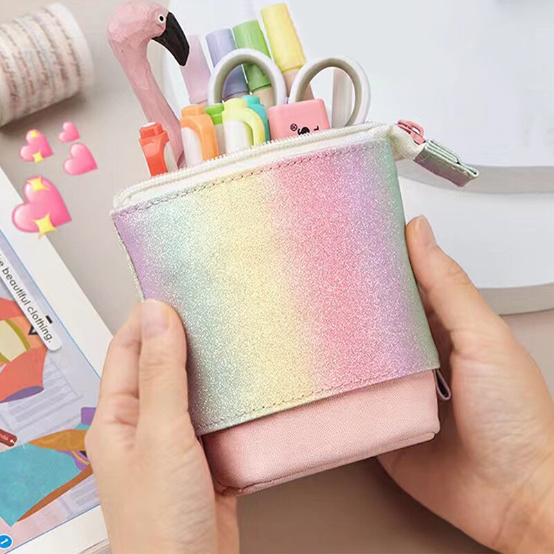 Retractable Pencil Case Sequins Rainbow Large Capacity Multi Pockets School Stationery Bag Pen Case Canvas Pen Holder