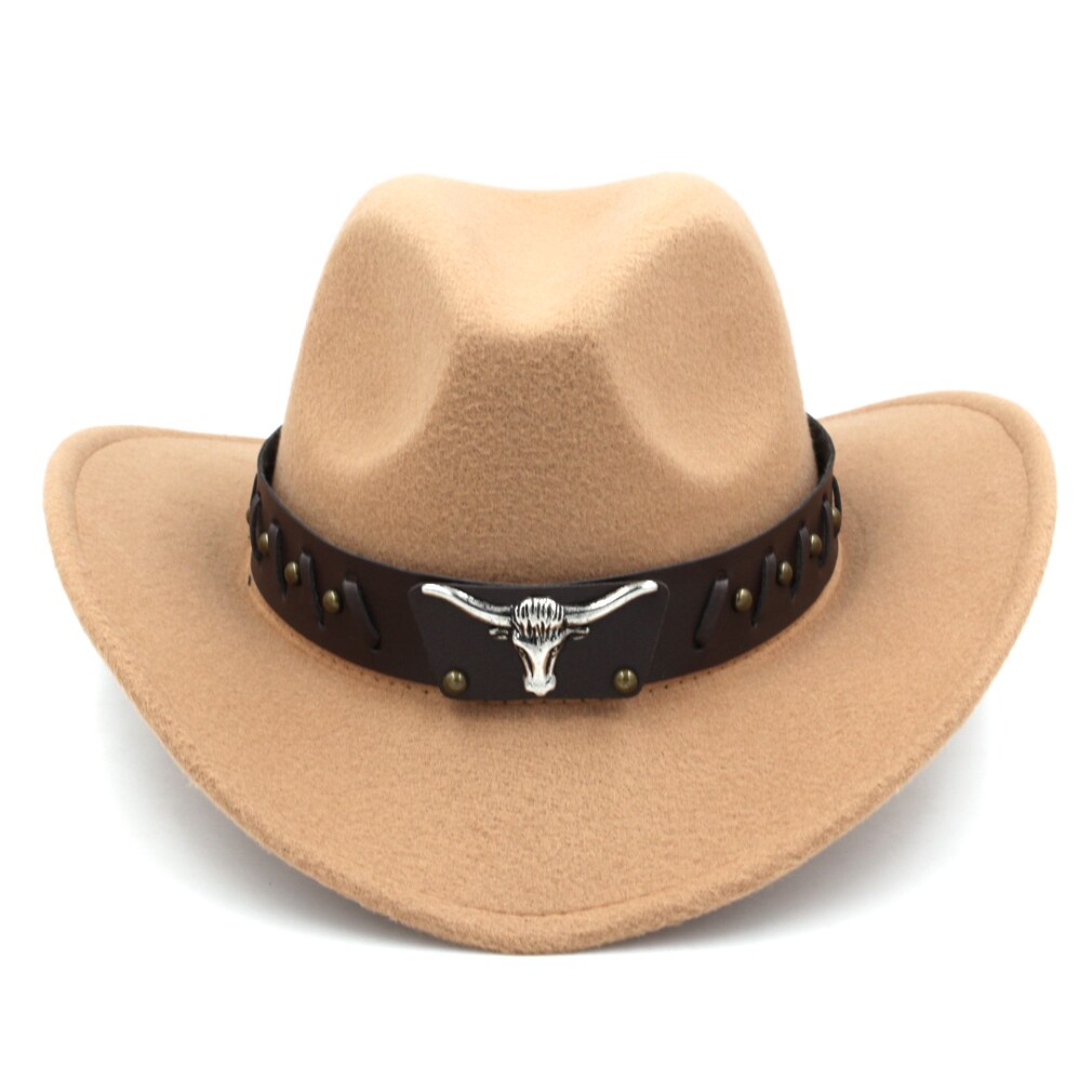 Mistdawn Womem Men Wool Blend Western Cowboy Hat Wide Brim Cowgirl Jazz Sombrero Cap Tauren Leather Band: Khaki