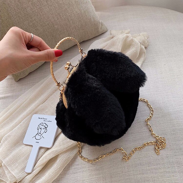 Hocodo Faux Fur Pluche Crossbody Tassen Voor Vrouwen Konijnenoren Leuke Tassen Keten Messenger Bag Dames Handtassen En Portemonnees bolsas: Black