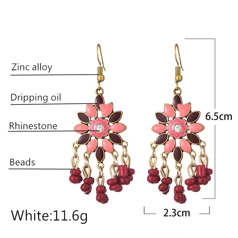 Bohemian Ethnic Flower Ladies Earrings for Women Boho Vintage Alloy Carved Beads Tassel Dangle Earrings Indian Jewelry