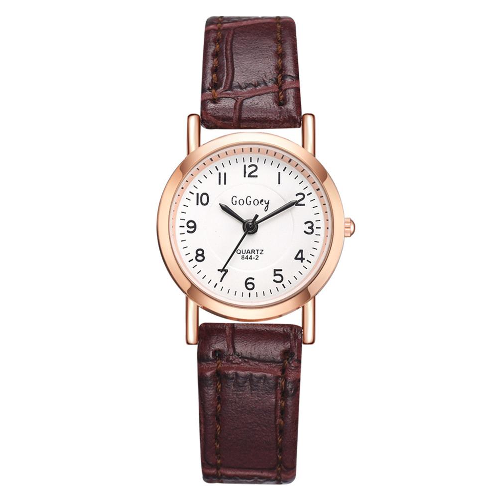 Reloj de cuarzo con esfera pequeña para mujer, cronógrafo de pulsera Retro de cuero, con escala de números simples, color marrón, femenino: Marrón