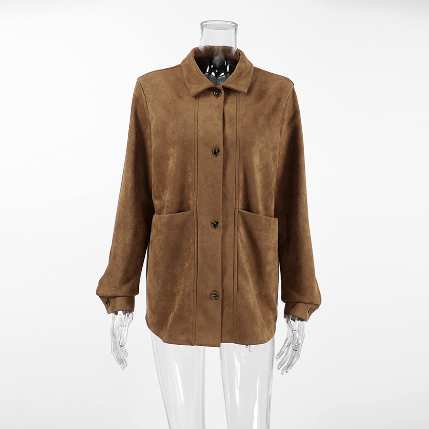 Giacca Casual in pelle scamosciata con tasca con risvolto marrone donna 2024 cappotto a maniche lunghe con bottone singolo moda donna autunno Street Outwear