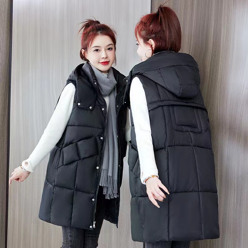 Detachable Hooded Cotton Vest For Women Autumn Winter Jacket Korean Mid Length Vest Sleeveless Jacket Female Waistcoat Tank Tops: XL / Beige