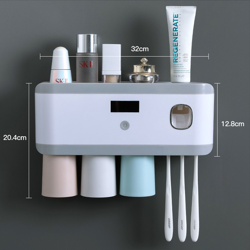 CMXIO UV Toothbrush Sterilizer Solar Energy Tooth Brush Holder Automatic Toothpaste Squeezer Dispenser Storage Rack Organizer: 3 Cups