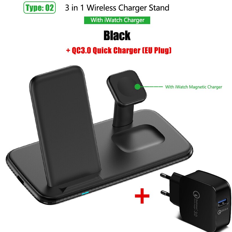 15W 3 In 1 Qi Draadloze Oplader Stand Voor Iphone 11X8 Samsung S20 Snel Opladen Dock Station voor Apple Horloge 5 4 3 Airpods Pro: With Watch Black QC