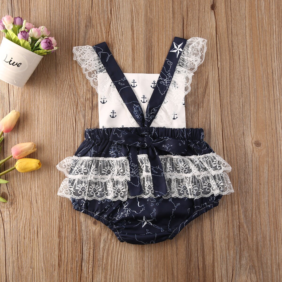 0-24m infantile enfants bébé barboteuse filles dentelle impression volants sans manches dos nu combinaisons vêtements