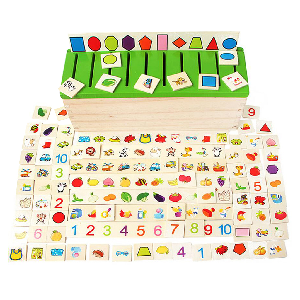Caja clasificadora de madera con tapa clasificadora-8 categorías en Total 80 objetos juguetes para bebés