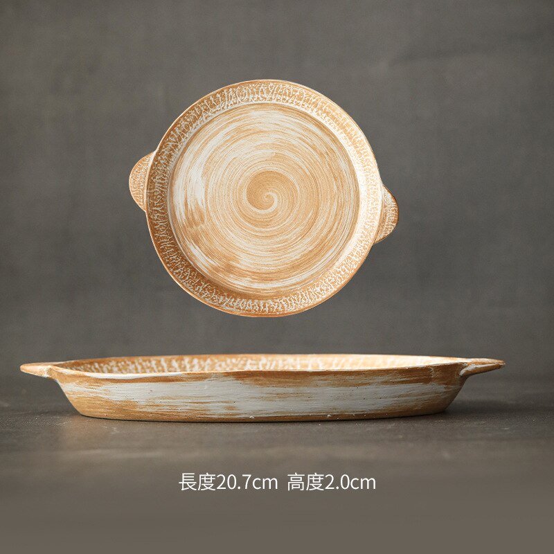 Japanese Retro Ceramic Tableware Rough Pottery Pasta Shallow Plate Binaural Steak Plate Home Salad Cooking Western Plate: C small size