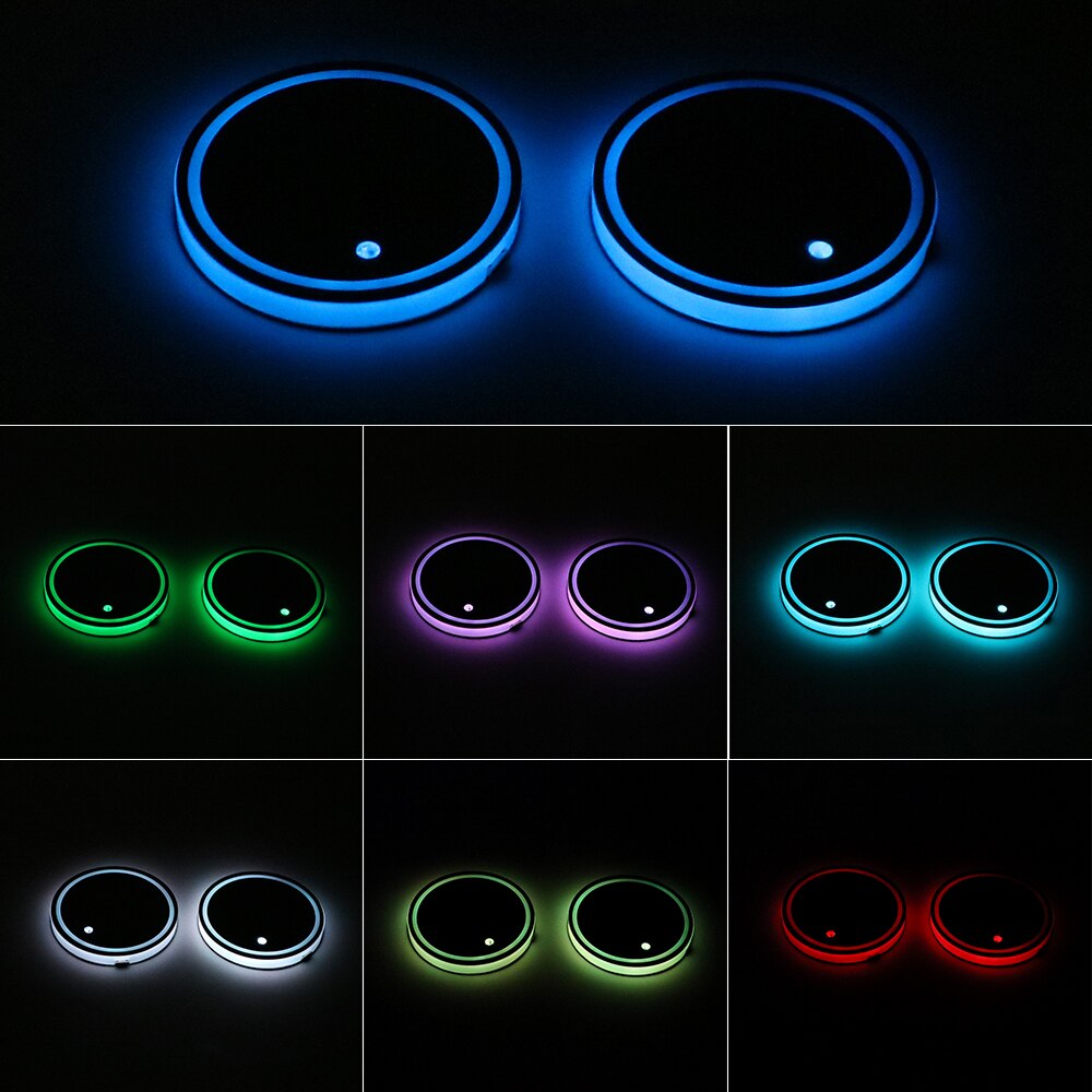 2 stk drikkepute 5 farger usb lade atmosfære bil koppholder bunn pad lys byttebar bil rgb lys