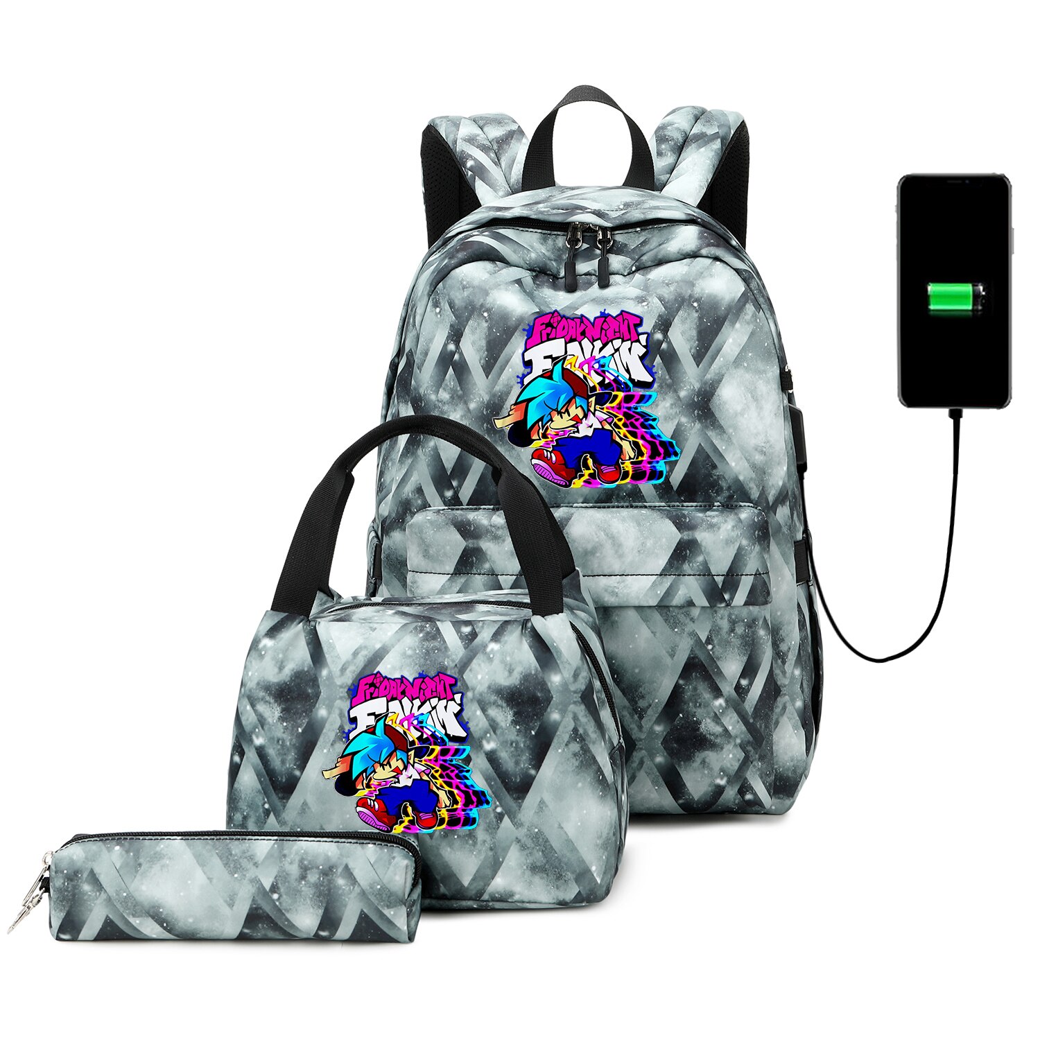 Funkin-mochilas escolares para adolescentes, niños y niñas, juego de Mochila de viaje con carga USB, bolsa de libros para estudiantes, Juego de 3 unids/set: 018