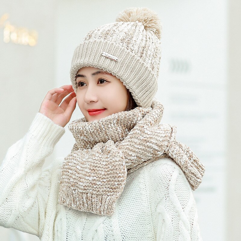 Winter Muts En Sjaal Set Vrouwen Classic Plus Dikke Unisex Aangekleed Winter Hoeden Sjaals Warme Winter Accessoires: beige