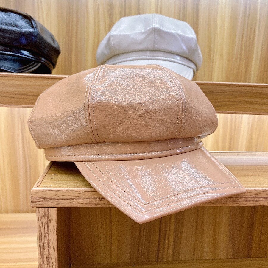 202009-YY FAUX LEATHER PU Glossy finish SOLID Square brim leisure Octagonal hat men women visors cap: Khaki